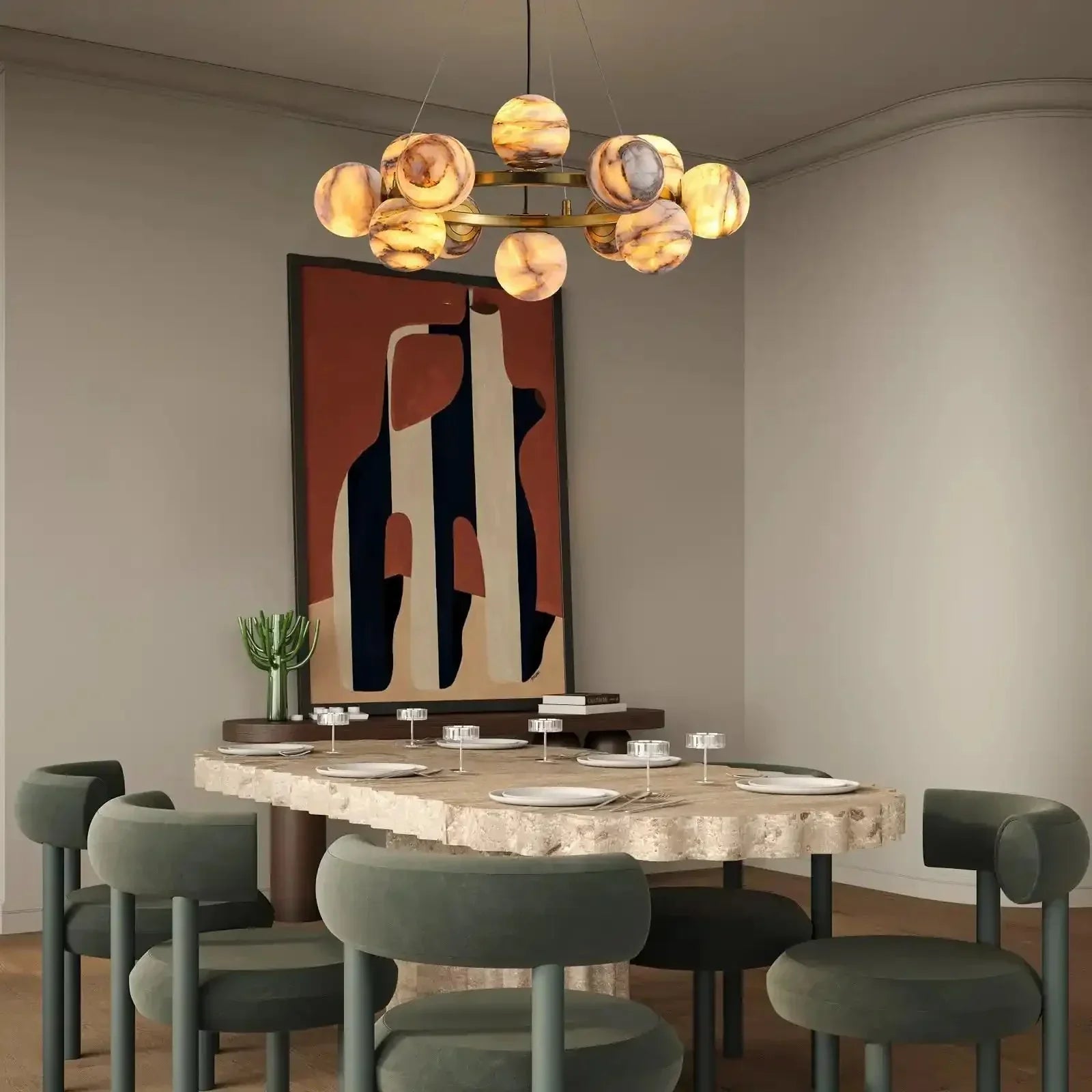Mid Century Modern Sputnik 12 Light Gold Alabaster Globe Chandelier - Arialamps