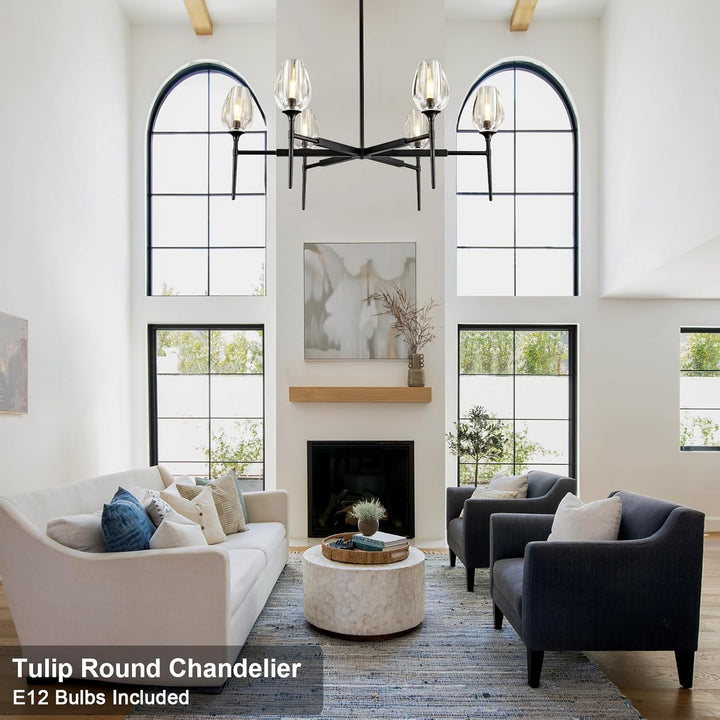 Modern Black Crystal Chandelier 6 Lights 42in Round K9 Tulip Pendant