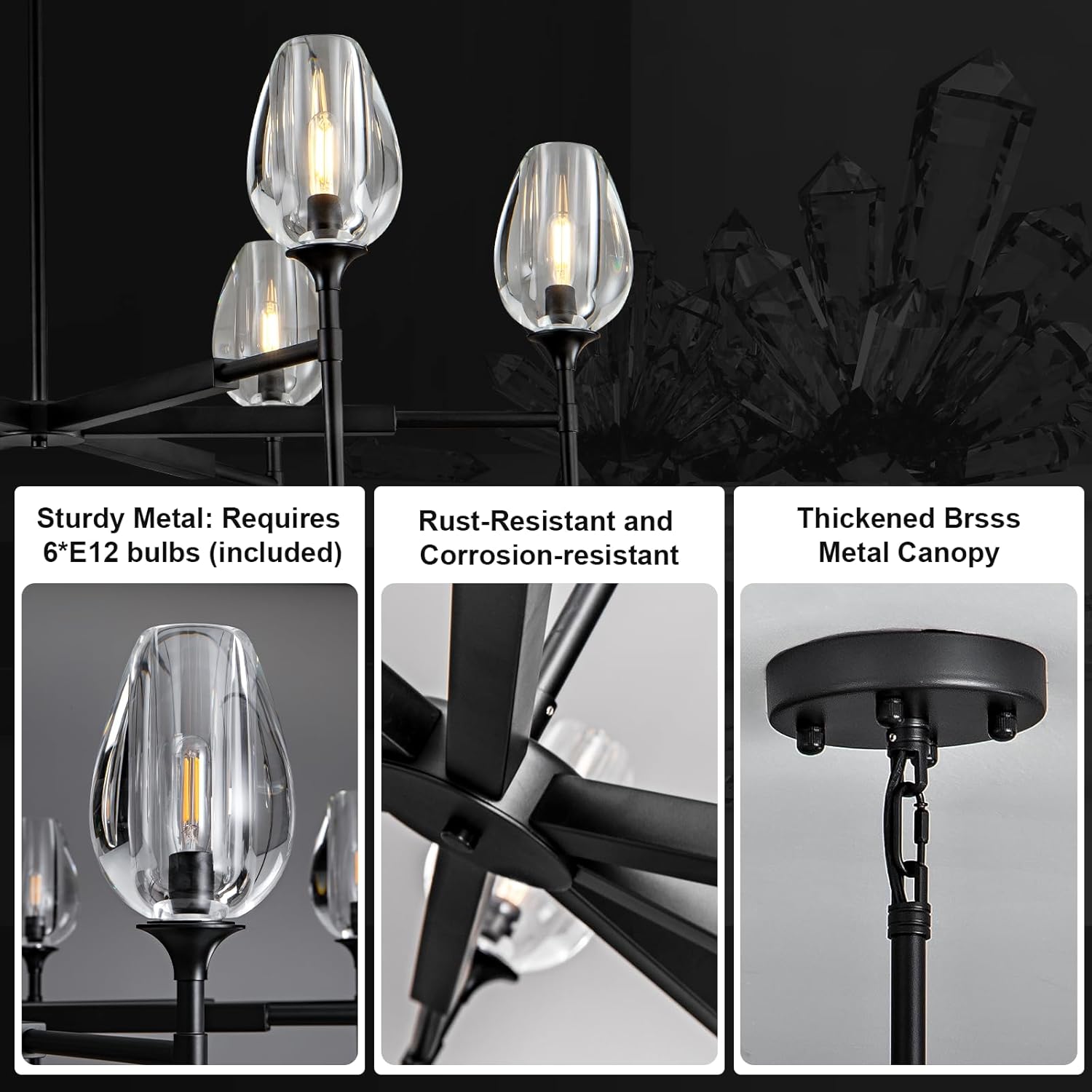Modern Black Crystal Chandelier 6 Lights 42in Round K9 Tulip Pendant
