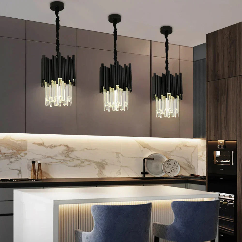 Modern Black Tube Crystal Pendant for Kitchen Island