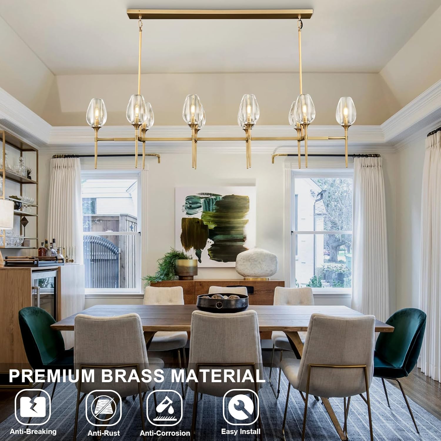 Modern Crystal Chandelier 10 Lights Brass 65in Gold Rectangle K9 Pendant Light