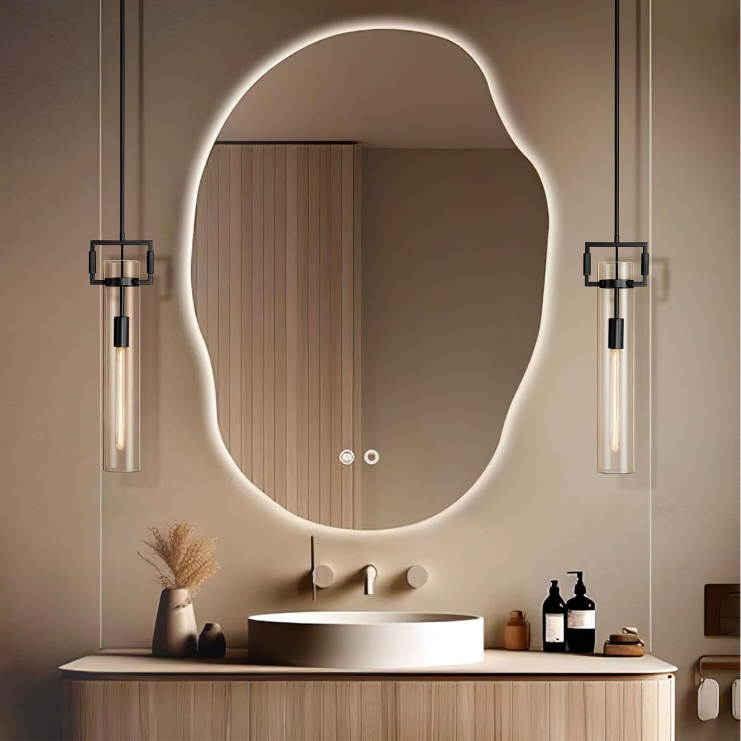 Modern Large Black Pendant Light Fixture Set of 2-21.6 Inch Adjustable Hanging Chandelier with Glass Shade & Brass Finish, Farmhouse Island Lighting for Kitchen, Dining Room, Bathroom