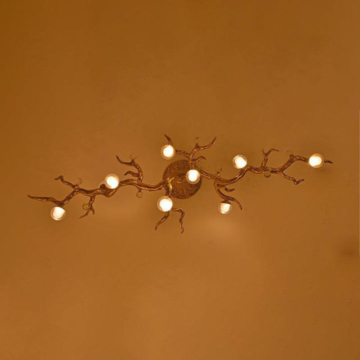 The Linear Glass Ball Branch Semi Flush Chandelier is artfully designed, it combines with the organic tree branch design, decorated with the metal leaves, creates a fruitfully ideas. it is a new interpretation for the new modern style.