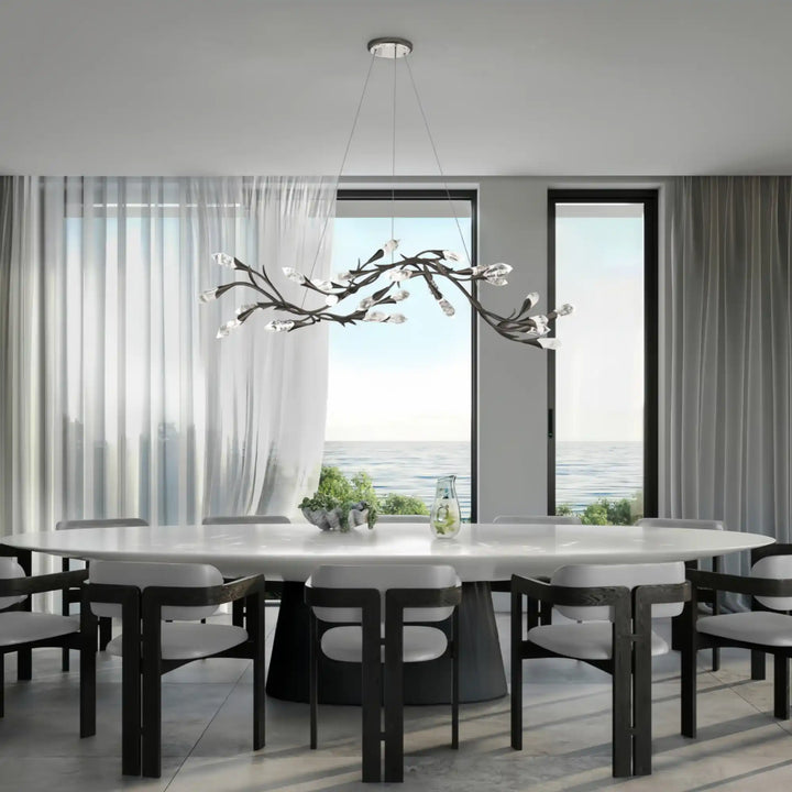 Modern Linear/Round Floral Branches Crystal Chandelier-Linear/L56.3"*W15.5"*H11.9"(L143cm*W39.4cm*H30.2cm)-Black-Warm Light-Arialamps