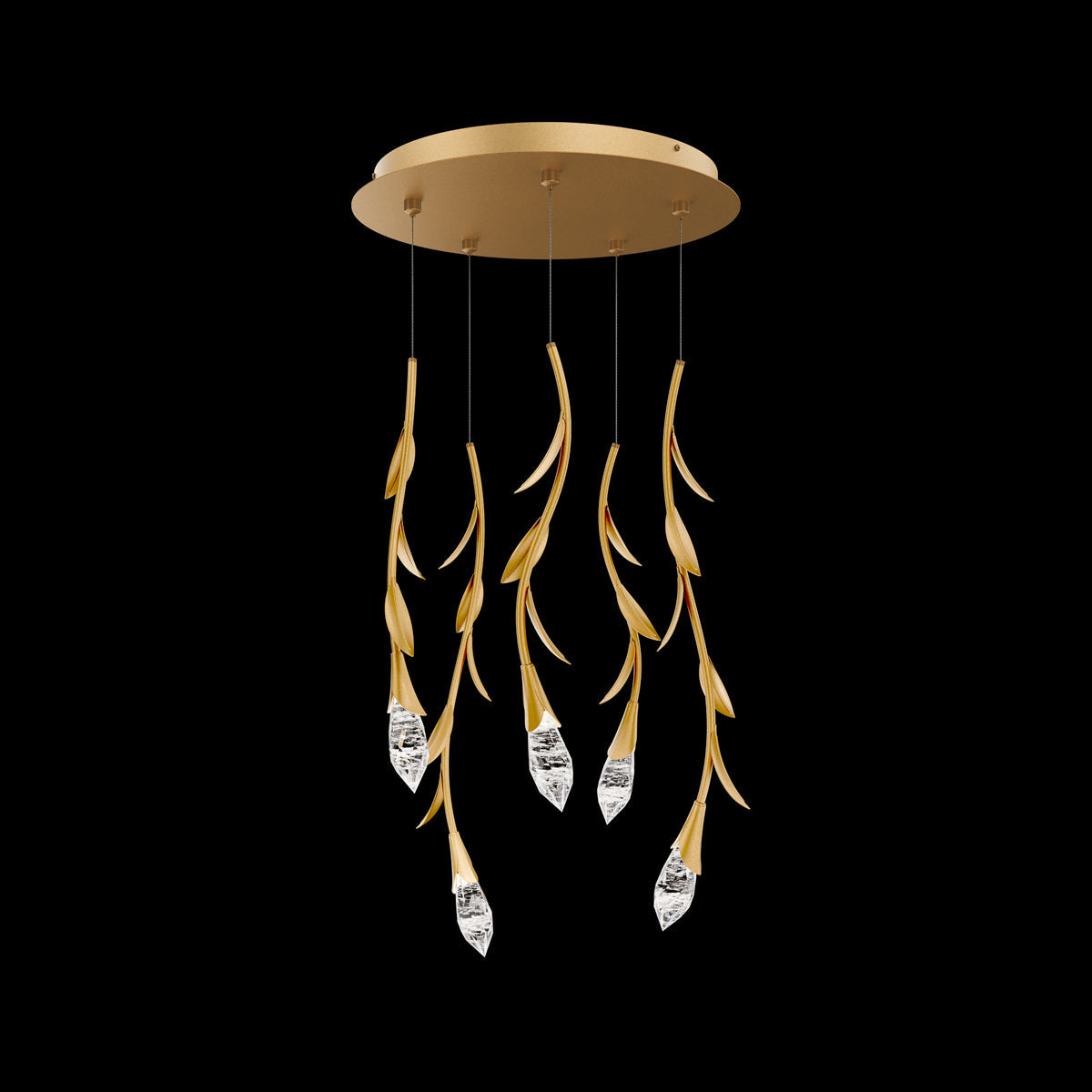 Modern Luxury Floating Branches Floral Crystal Chandelier with Round Canopy for High-ceiling-5 Lights/D17"*H118.1"(D43.2cm*H300cm)-Gold-Warm Light-Arialamps