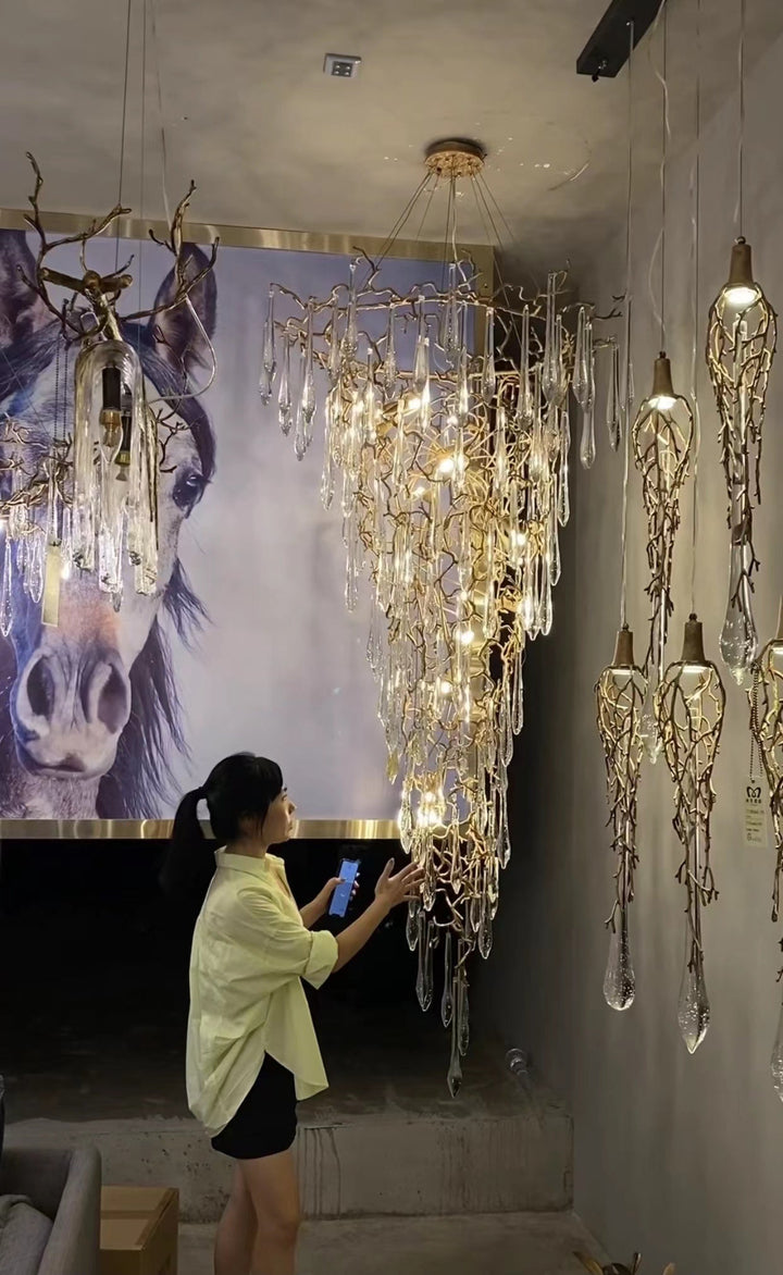 Modern Oversized Luxury Copper Crystal Long Crystal Branch Air Bubble Drop Staircase Light fixture-Chandeliers-Arialamps