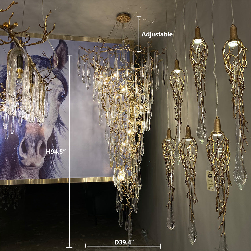 Modern Oversized Luxury Copper Crystal Long Crystal Branch Air Bubble Drop Staircase Light fixture-Chandeliers-Arialamps