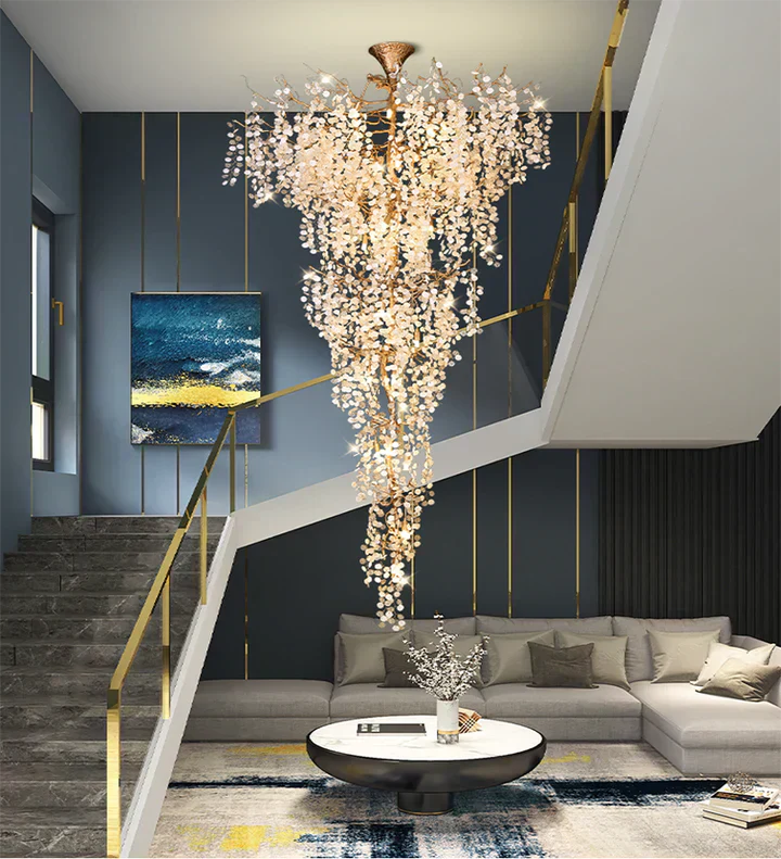 Modern Unique Artistic Flower Brass Branch Semi-flush Mount Chandelier for Living Room/ Hallway/ Entryway/ Staircase-Chandeliers-Arialamps