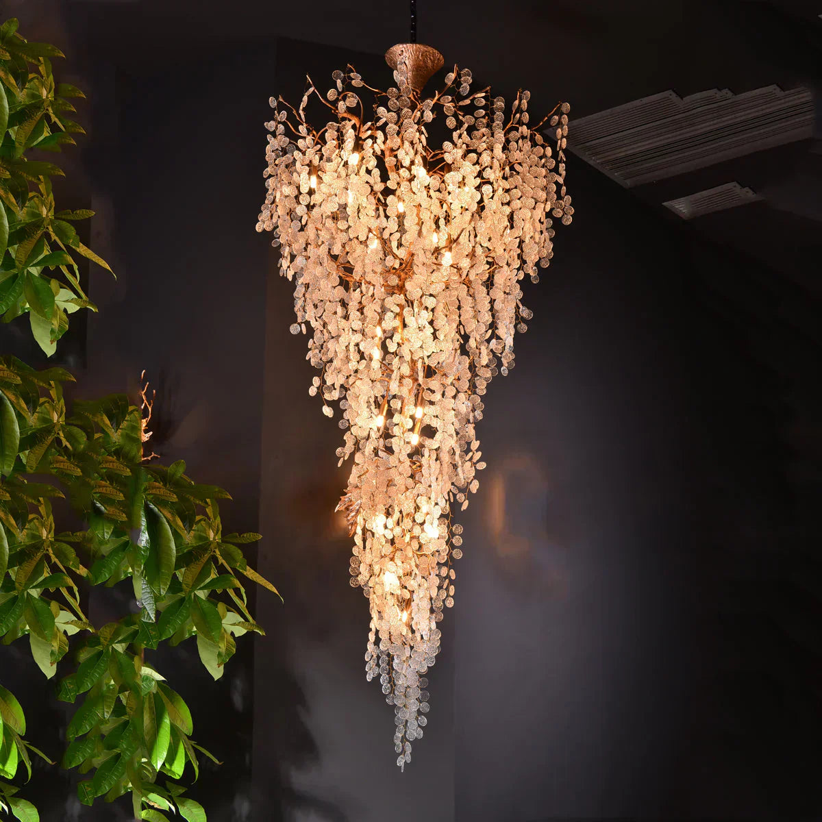 Modern Unique Artistic Flower Brass Branch Semi-flush Mount Chandelier for Living Room/ Hallway/ Entryway/ Staircase-Chandeliers-Arialamps