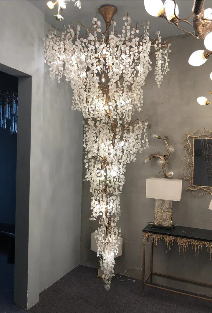 Modern Unique Artistic Flower Brass Branch Semi-flush Mount Chandelier for Living Room/ Hallway/ Entryway/ Staircase-Chandeliers-Arialamps