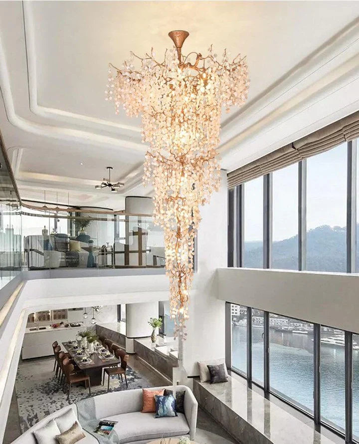 Modern Unique Artistic Flower Brass Branch Semi-flush Mount Chandelier for Living Room/ Hallway/ Entryway/ Staircase-Chandeliers-Arialamps