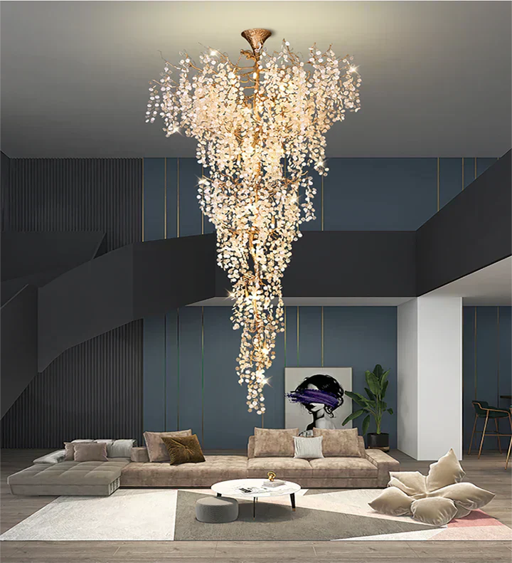 Modern Unique Artistic Flower Brass Branch Semi-flush Mount Chandelier for Living Room/ Hallway/ Entryway/ Staircase-Chandeliers-Arialamps