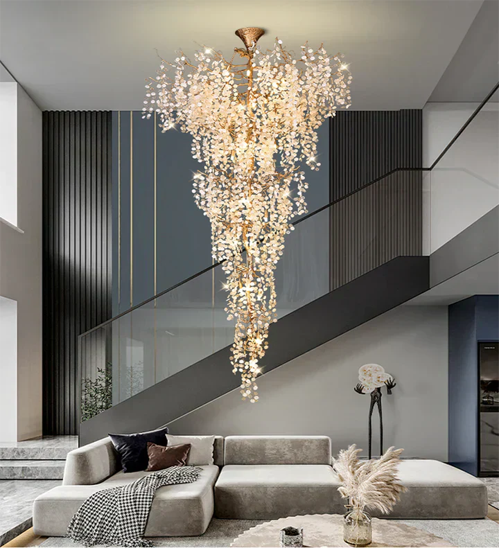 Modern Unique Artistic Flower Brass Branch Semi-flush Mount Chandelier for Living Room/ Hallway/ Entryway/ Staircase-Chandeliers-Arialamps