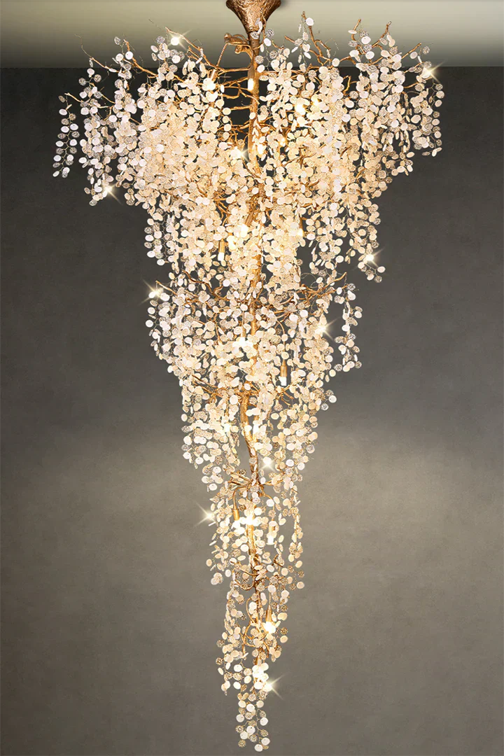Modern Unique Artistic Flower Brass Branch Semi-flush Mount Chandelier for Living Room/ Hallway/ Entryway/ Staircase-Chandeliers-Arialamps