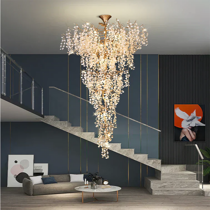 Modern Unique Artistic Flower Brass Branch Semi-flush Mount Chandelier for Living Room/ Hallway/ Entryway/ Staircase-Chandeliers-Arialamps