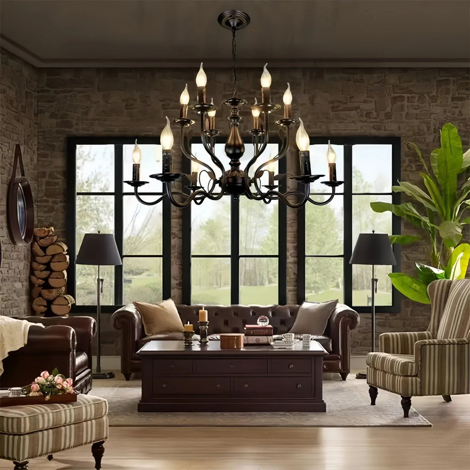 Multi Layer Iron Chandelier with Electronic Candles in Vintage Country Style for Living Room Cafe and Study-