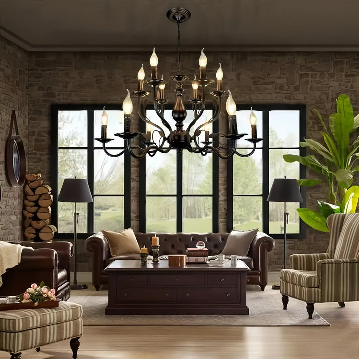 Multi Layer Iron Chandelier with Electronic Candles in Vintage Country Style for Living Room Cafe and Study-