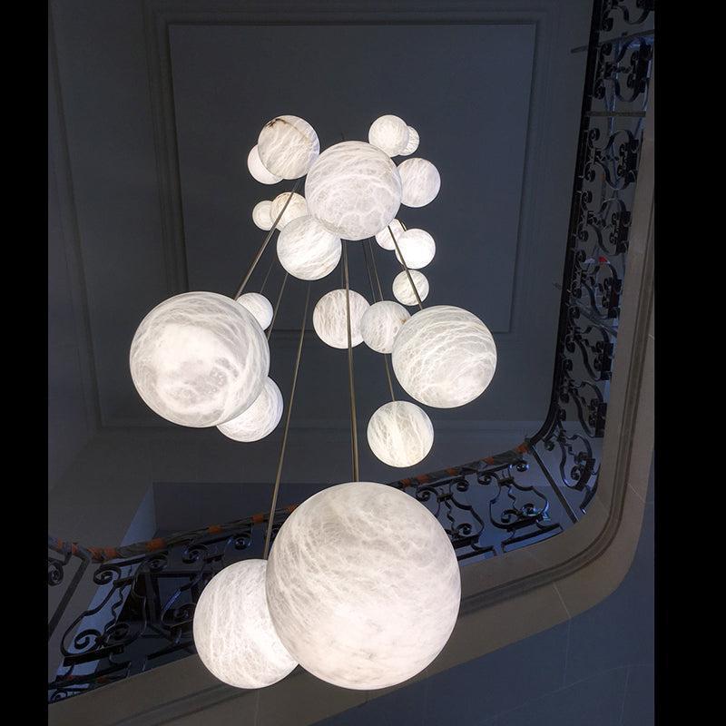 Nami Alabaster Sphere Staircase Chandelier,Multi Pendant Light-chandeliers for dining room,chandeliers for stairways,chandeliers for foyer,chandeliers for bedrooms,chandeliers for kitchen,chandeliers for living room-18 Balls-Arialamps