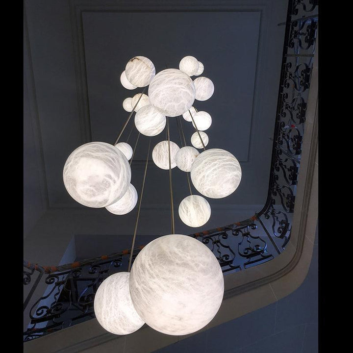 Nami Alabaster Sphere Staircase Chandelier,Multi Pendant Light-chandeliers for dining room,chandeliers for stairways,chandeliers for foyer,chandeliers for bedrooms,chandeliers for kitchen,chandeliers for living room-18 Balls-Arialamps