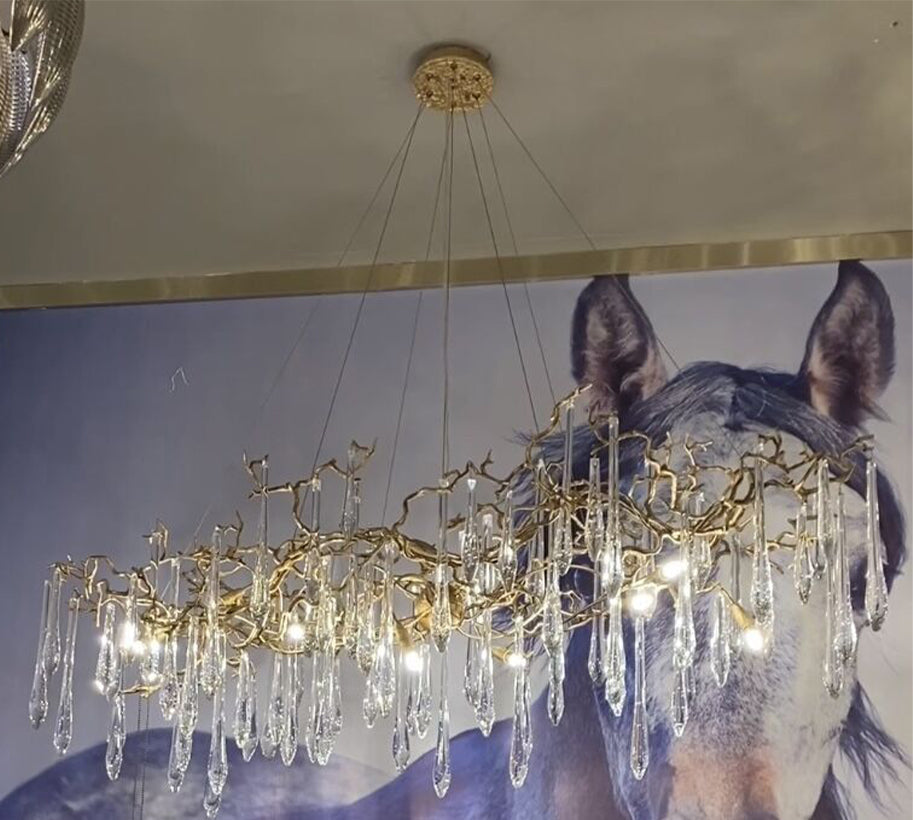 New Clear Crystal Rain Copper Branch Chandelier Modern Designer Pendant Light For Dining Table/Kitchen Island-Chandeliers-Arialamps