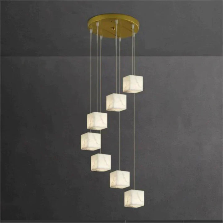 Olive Alabaster Cubic Round Pendant For Dining Table, Staircase Chandeliers Kevin Studio Inc 7-Light