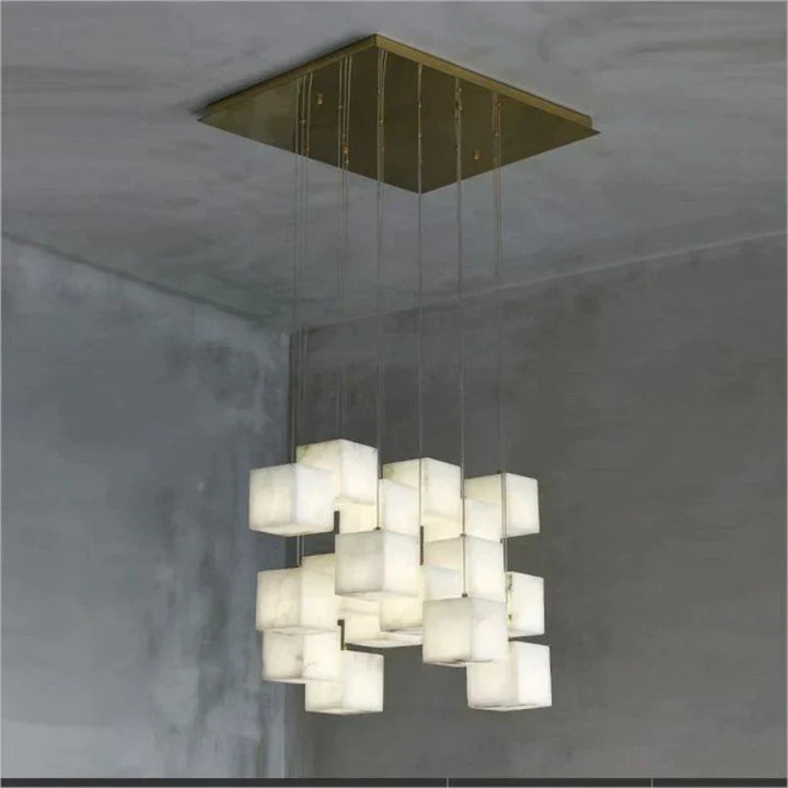 Olive Alabaster Cubic Round Pendant For Dining Table, Staircase Chandeliers Kevin Studio Inc 18-Light