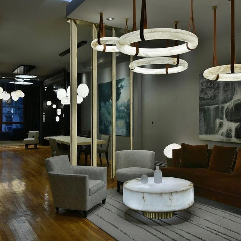 Oslo Pendant Alabaster Chandelier, Halo Ring Chandelier With Leather Chandelier Kevin Studio Inc