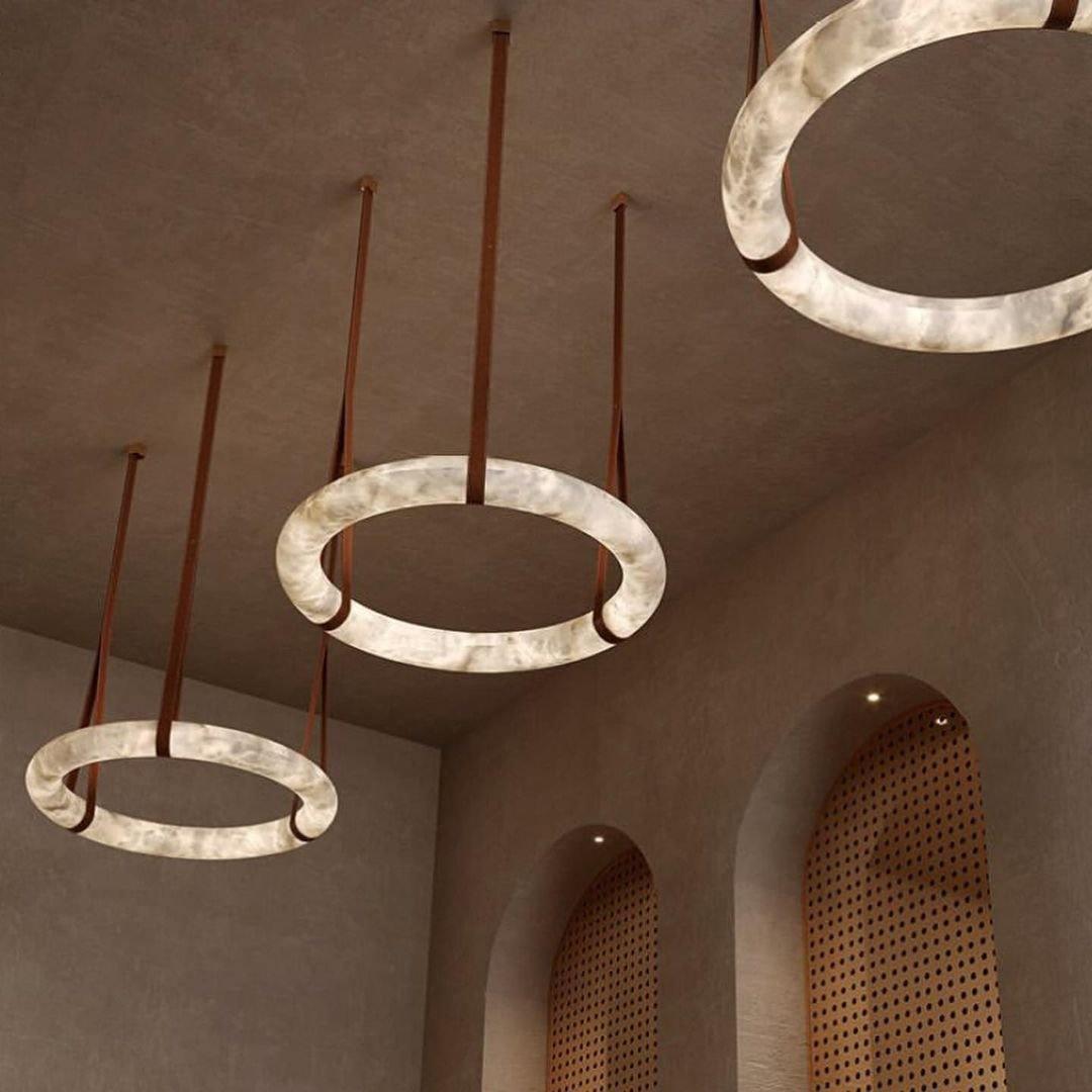 Oslo Pendant Alabaster Chandelier, Halo Ring Chandelier With Leather Chandelier Kevin Studio Inc
