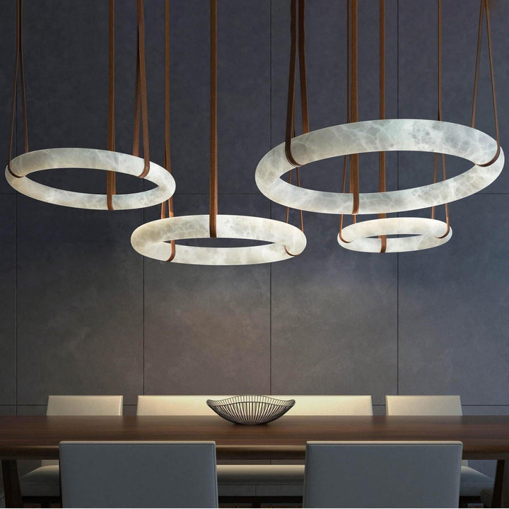 Oslo Pendant Alabaster Chandelier, Halo Ring Chandelier With Leather Chandelier Kevin Studio Inc 23.6" D Single Ring