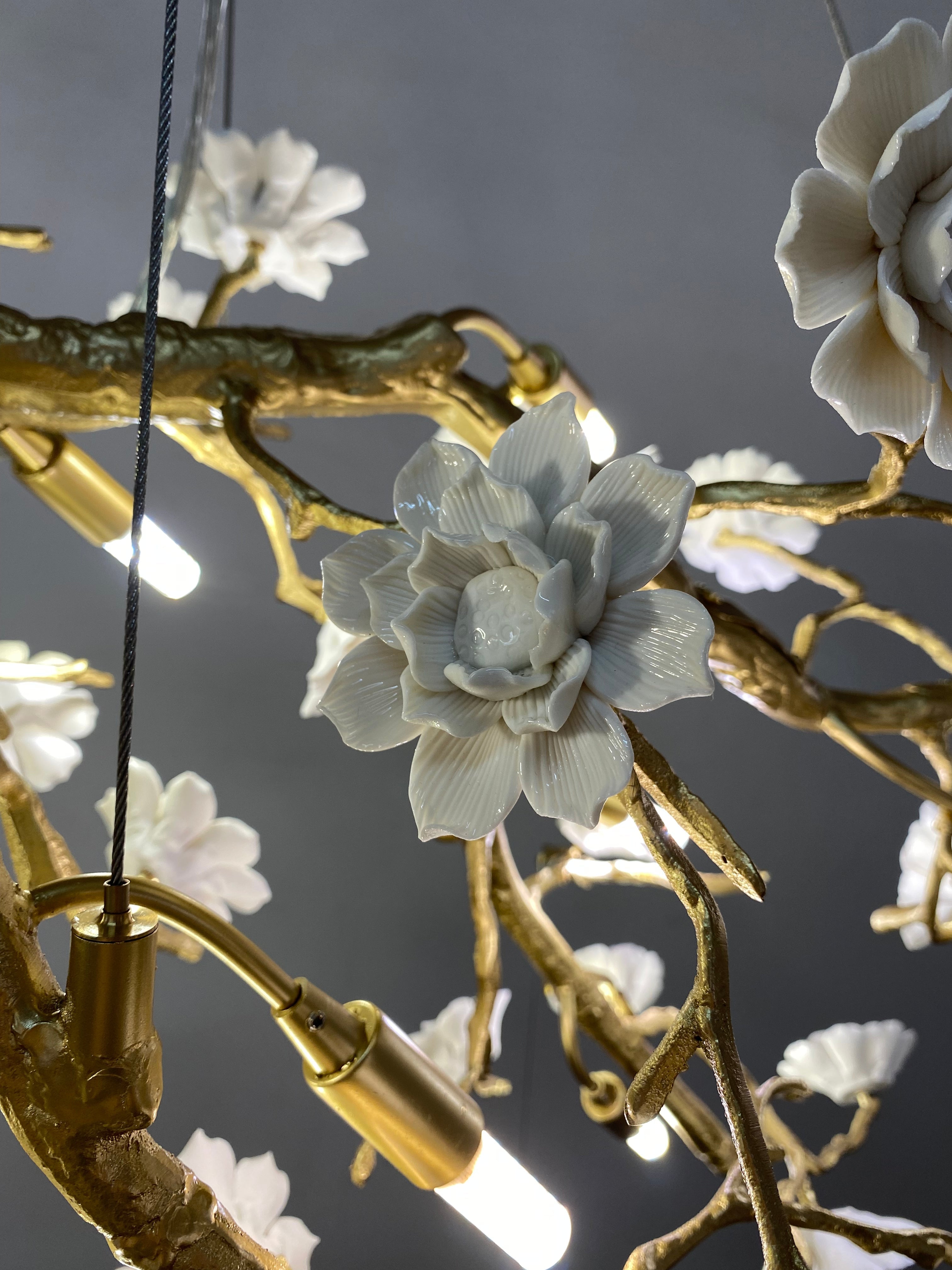 Post-Modern Art Brass and Ceramics Flower Pendant Branch Chandelier for Living/Dining Room-Chandeliers-Arialamps