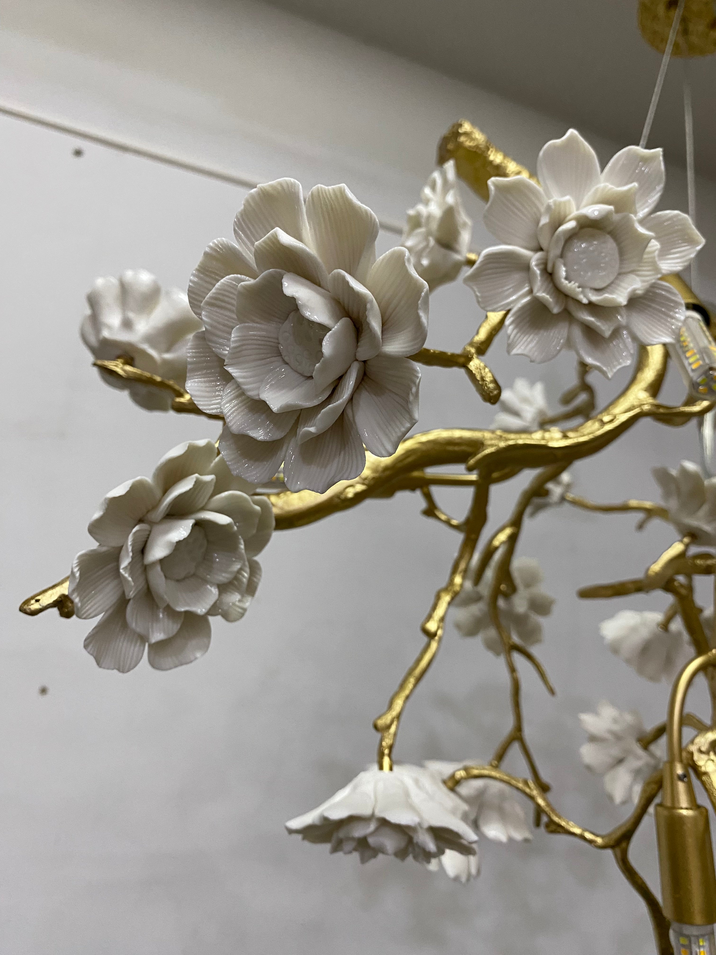 Post-Modern Art Brass and Ceramics Flower Pendant Branch Chandelier for Living/Dining Room-Chandeliers-Arialamps