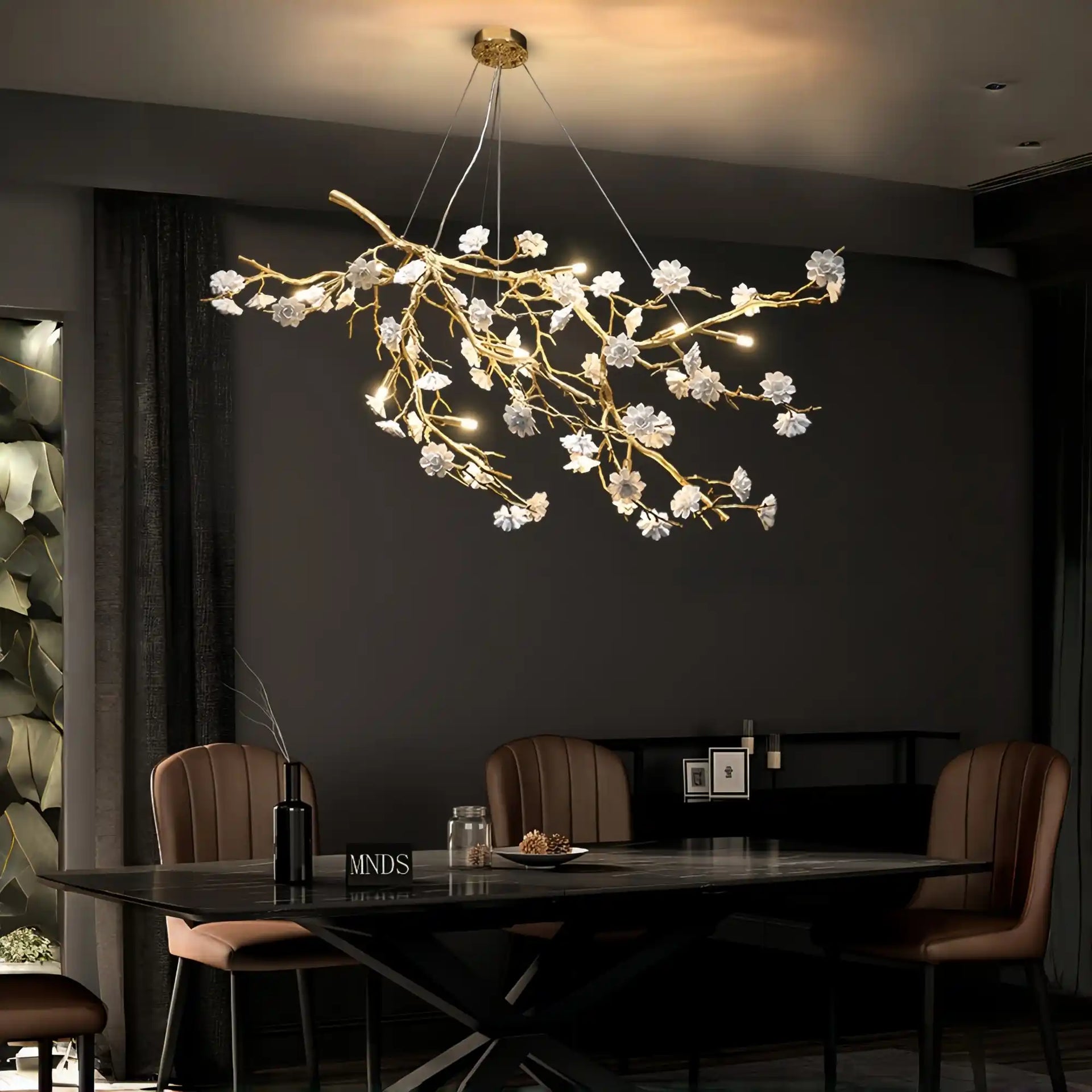 Post-Modern Art Brass and Ceramics Flower Pendant Branch Chandelier for Living/Dining Room-Chandeliers-Arialamps