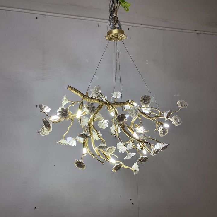 Post-Modern Art Brass and Ceramics Flower Pendant Branch Chandelier for Living/Dining Room-Chandeliers-Arialamps