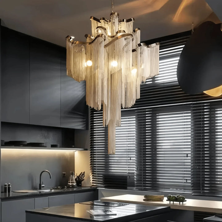 Post - Modern Extra Large Stainless Steel Long Tassel Chandelier - Arialamps
