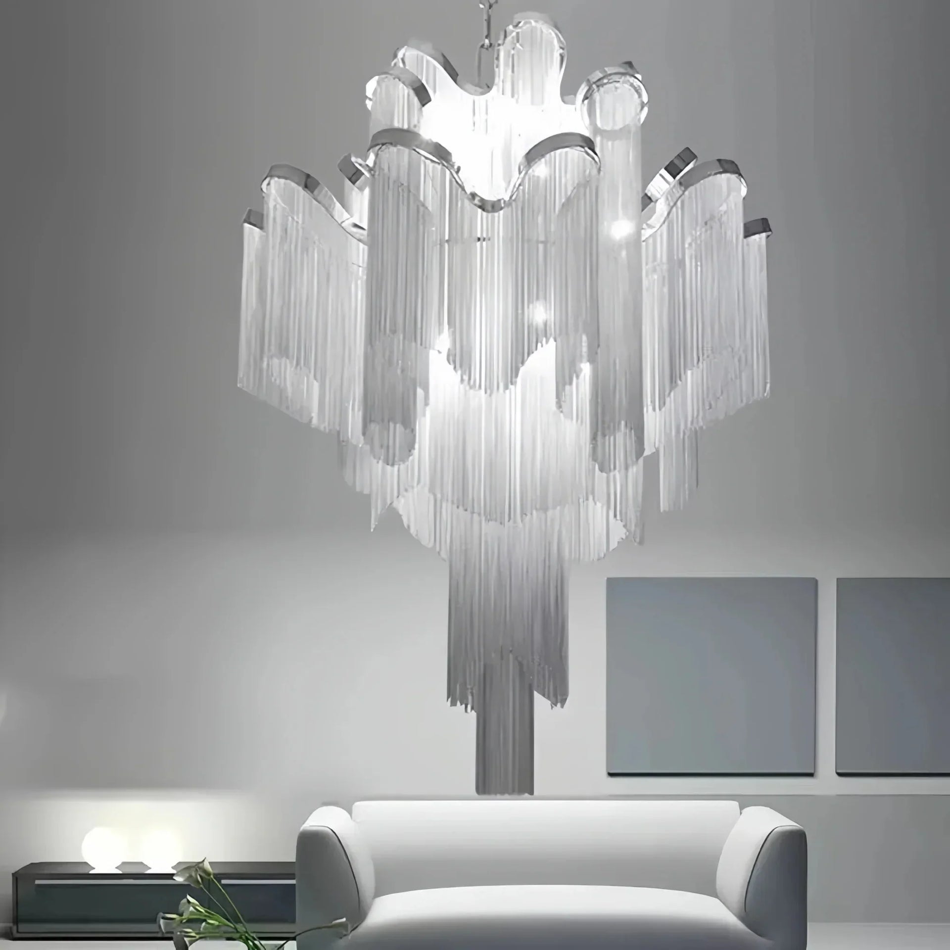 Post - Modern Extra Large Stainless Steel Long Tassel Chandelier - Arialamps