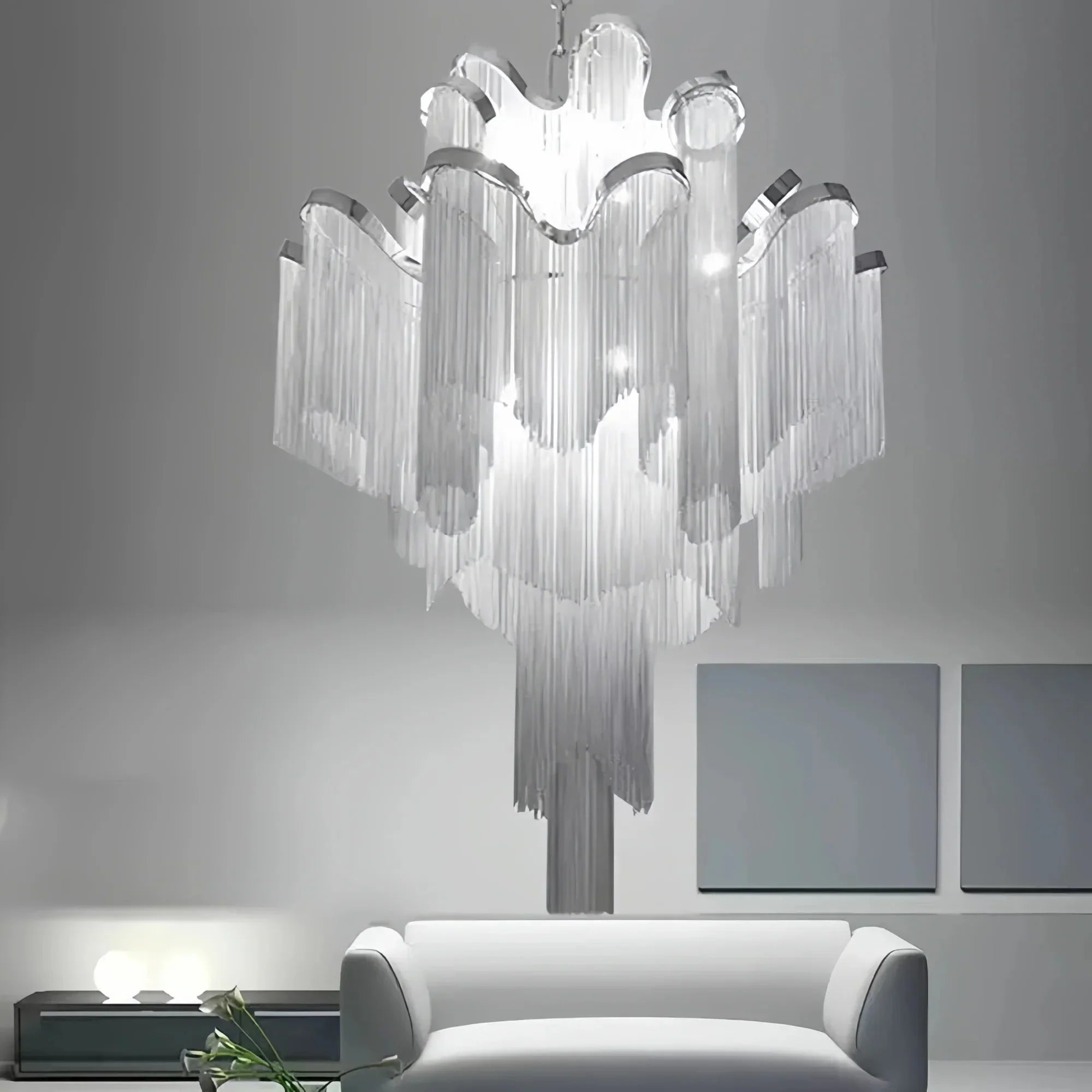 Post - Modern Extra Large Stainless Steel Long Tassel Chandelier - Arialamps