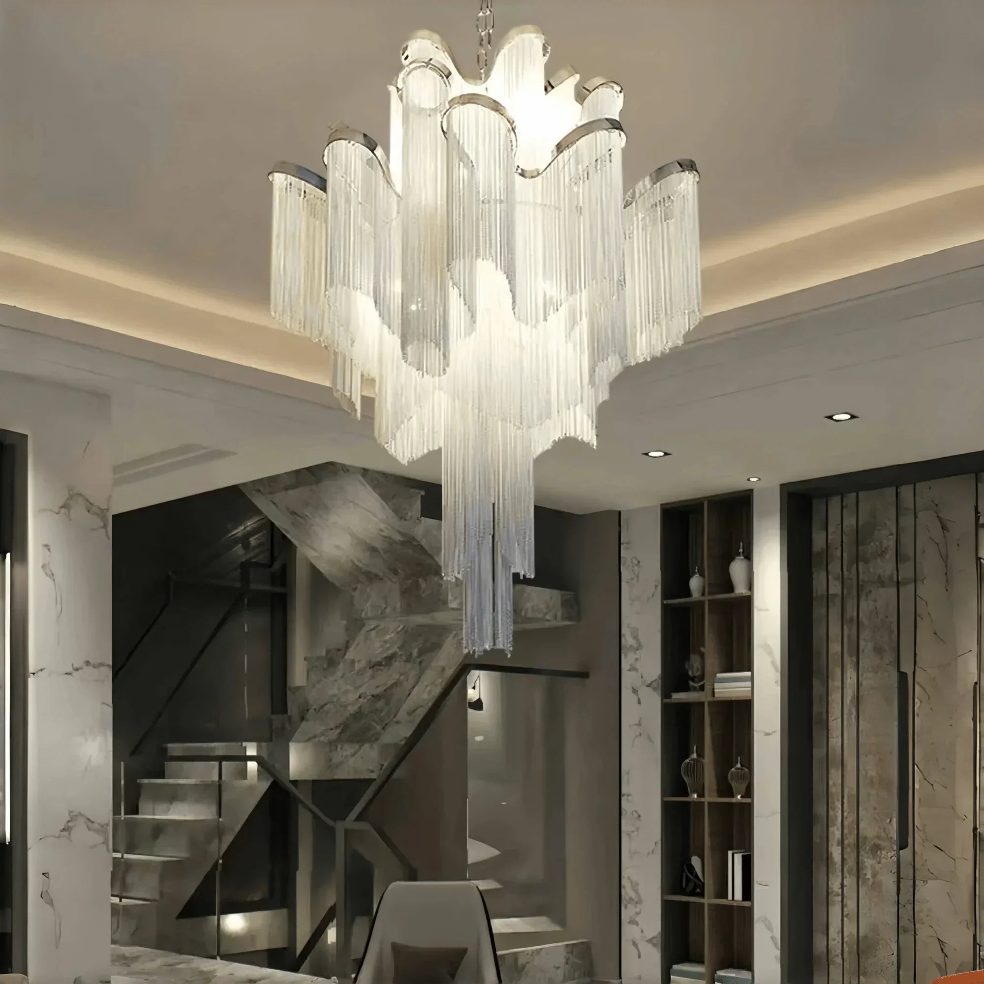 Post - Modern Extra Large Stainless Steel Long Tassel Chandelier - Arialamps