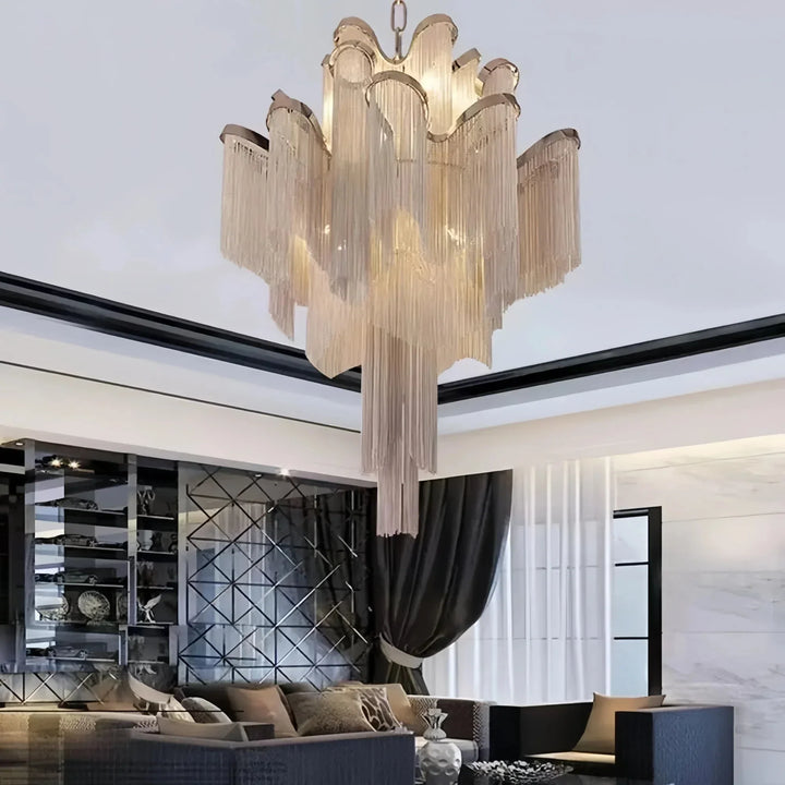 Post - Modern Extra Large Stainless Steel Long Tassel Chandelier - Arialamps