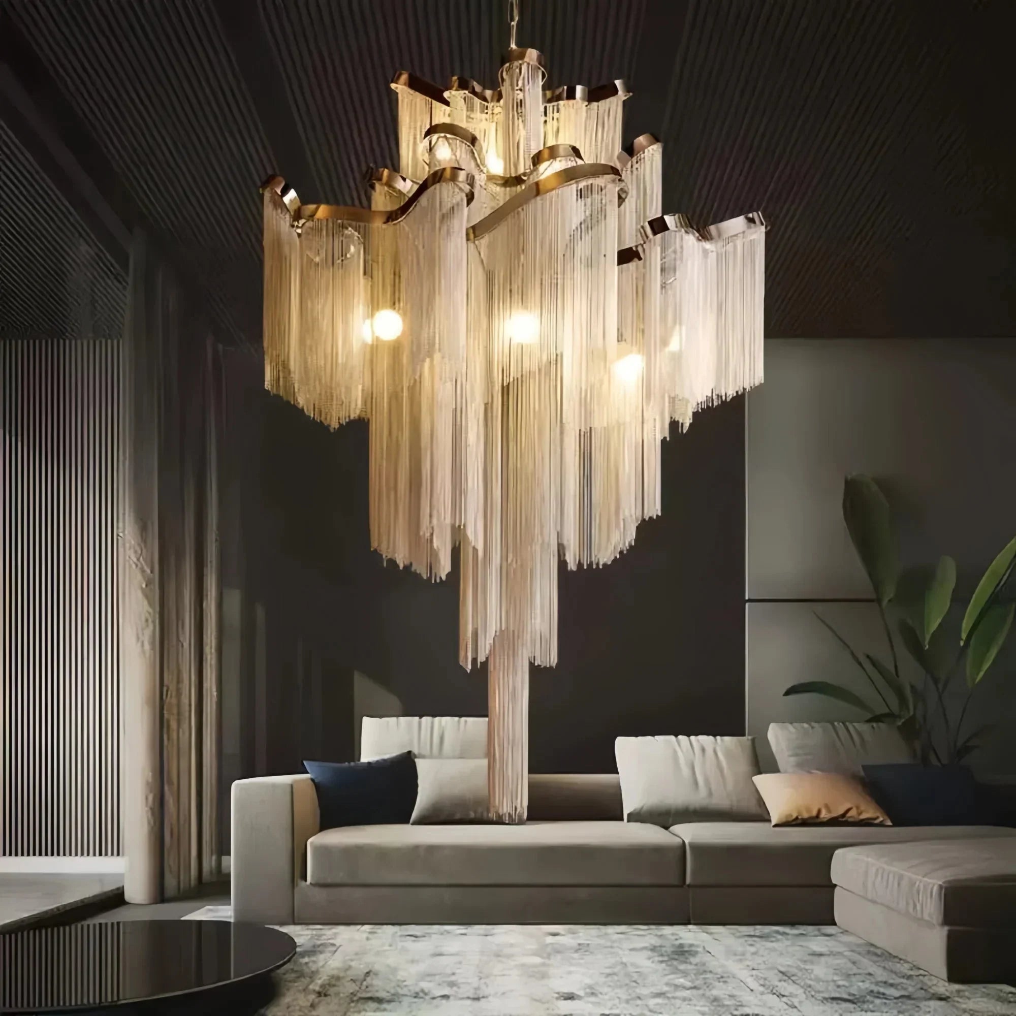 Post - Modern Extra Large Stainless Steel Long Tassel Chandelier - Arialamps