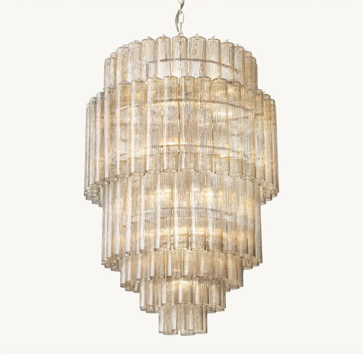 Chandelier with tiered glass design on a white background