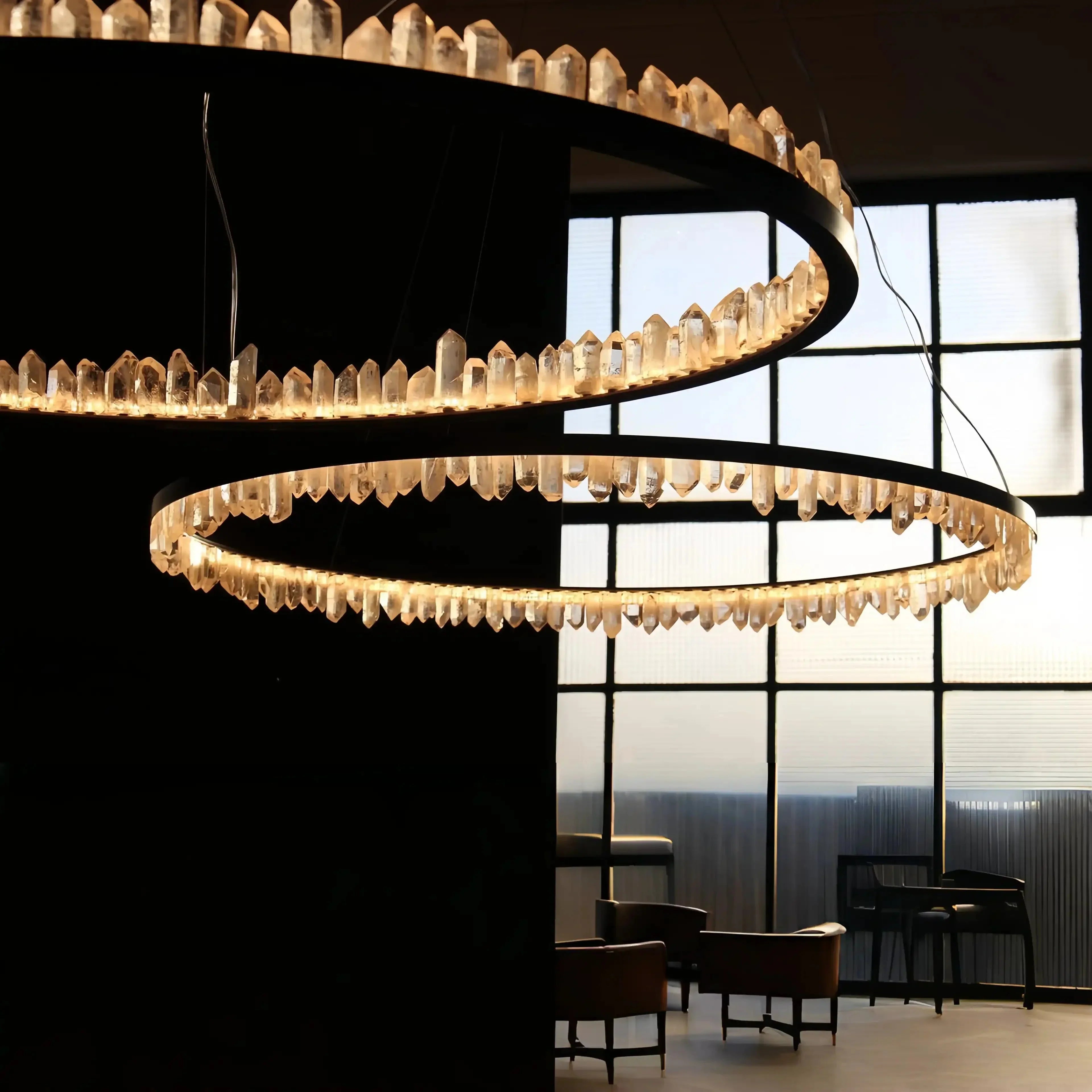 Round Modern Chandelier Brass & Clear Geode Quartz Crystal Hanging Light - Arialamps