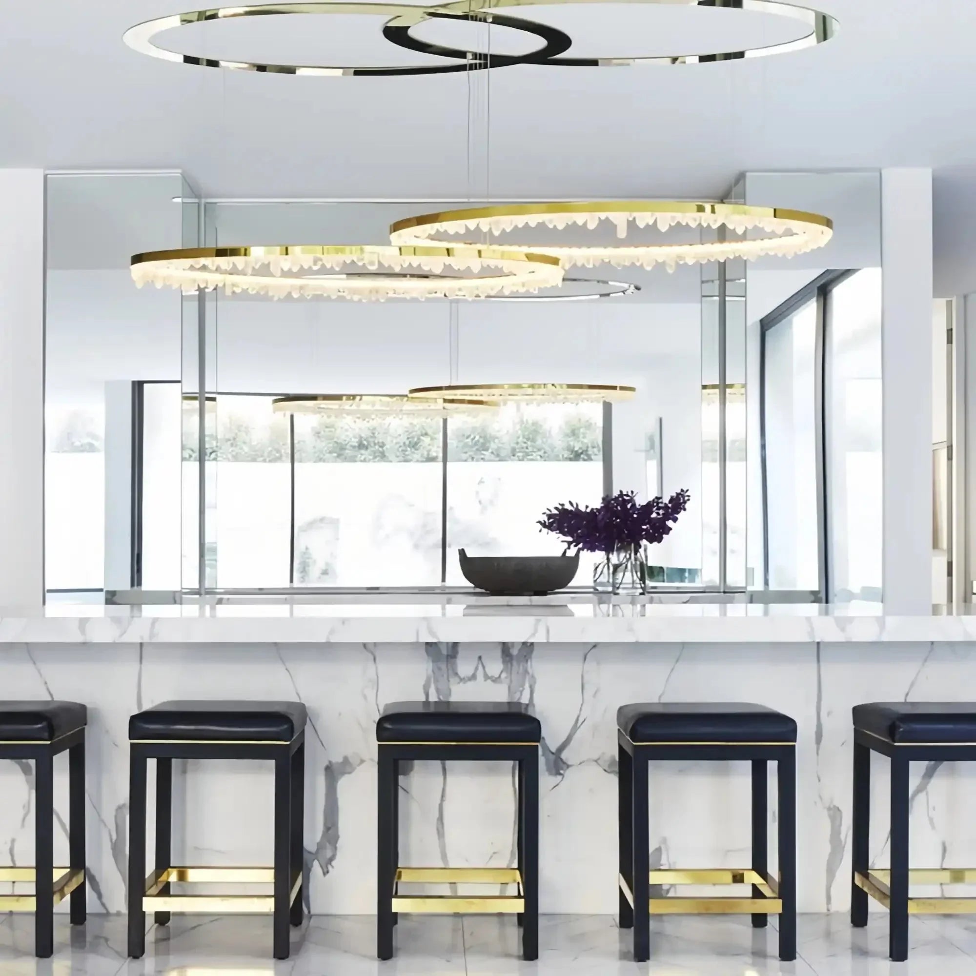Round Modern Chandelier Brass & Clear Geode Quartz Crystal Hanging Light - Arialamps