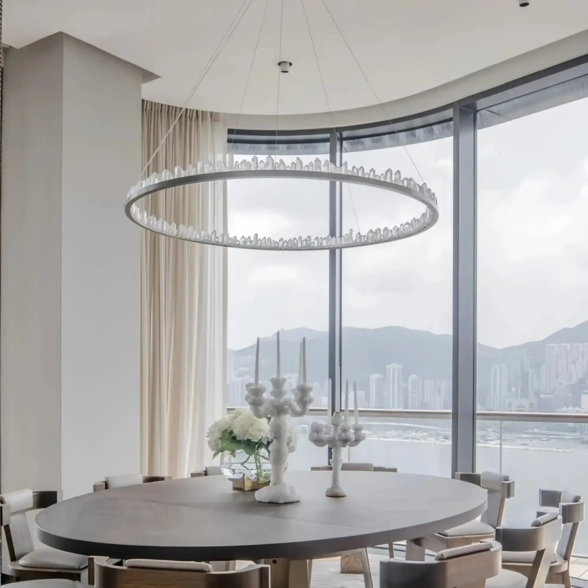 Round Modern Chandelier Brass & Clear Geode Quartz Crystal Hanging Light - Arialamps
