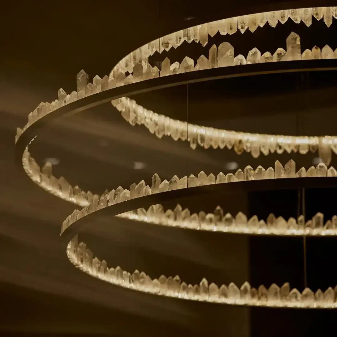 Round Modern Chandelier Brass & Clear Geode Quartz Crystal Hanging Light - Arialamps