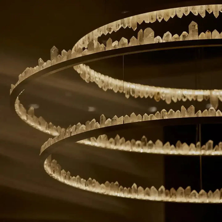 Round Modern Chandelier Brass & Clear Geode Quartz Crystal Hanging Light - Arialamps