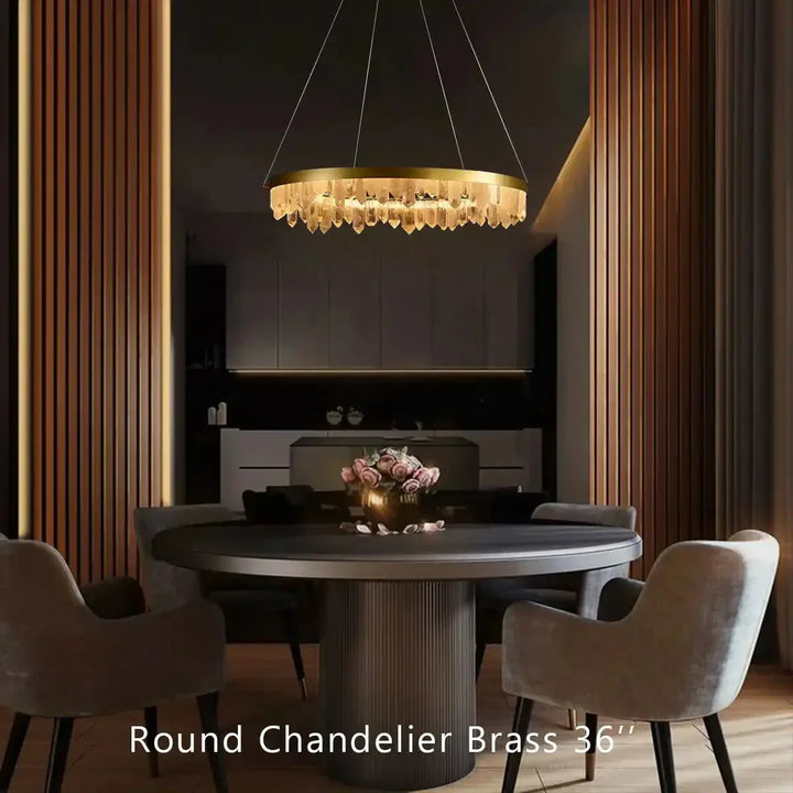 Round Modern Chandelier Brass & Clear Geode Quartz Crystal Hanging Light - Arialamps
