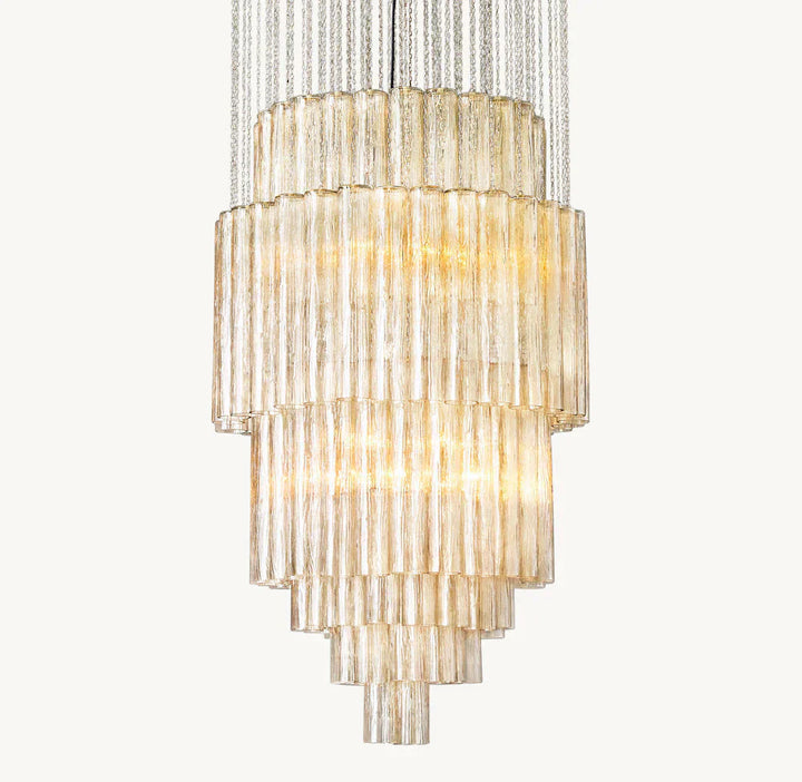Chandelier with tiered glass design on a white background