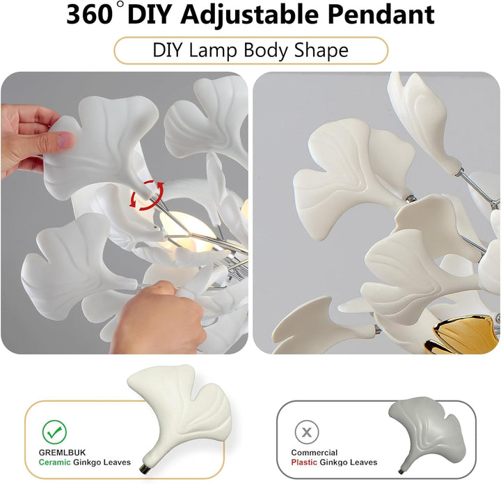 Silver Ceramic Ginkgo Leaf Branch Chandelier – 47.2" Brass Rectangle