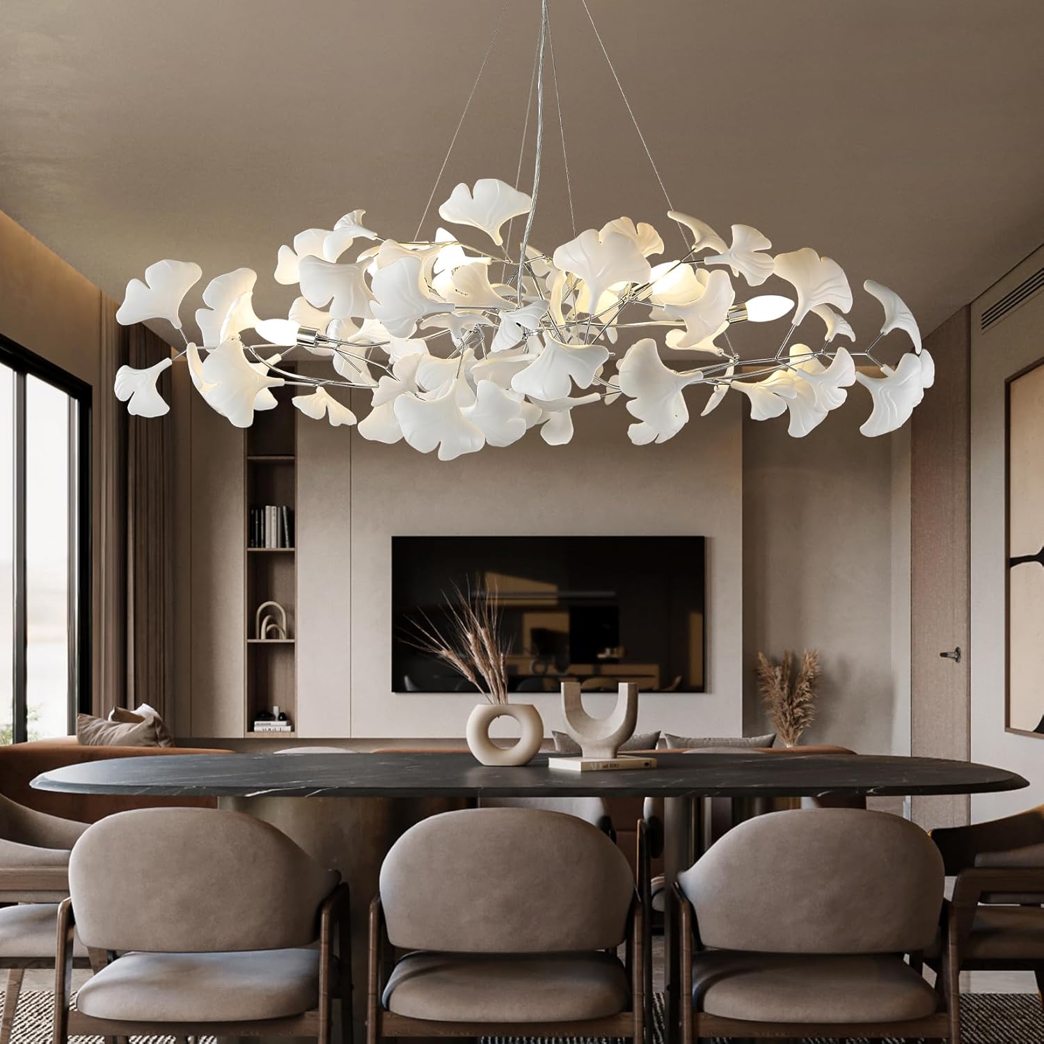 Silver Ceramic Ginkgo Leaf Branch Chandelier – 47.2" Brass Rectangle