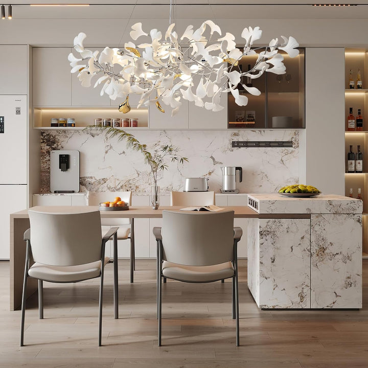 Silver Ginkgo Leaf Branch Chandelier – 59" Modern Brass Light